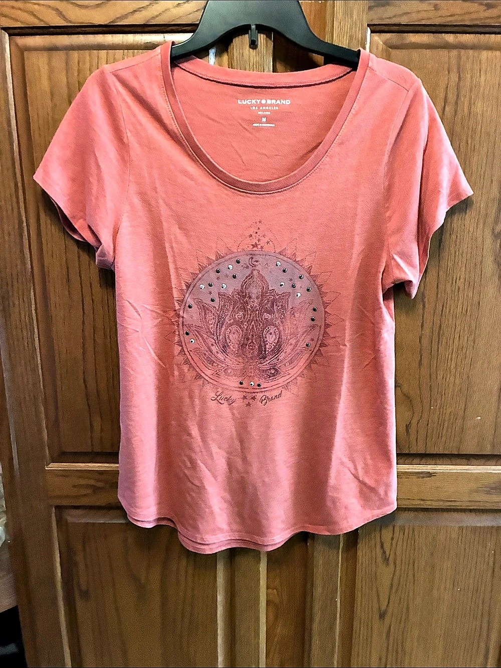 Lucky Brand Embellished Lotus Motif Classic Crew Tee Pink Medium